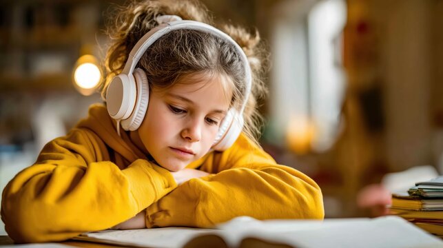 Girl wearing headphones listening to music while studying at home - Powered by Adobe