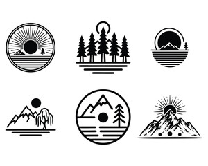 Collection of Detailed Minimalist Outdoor Line Art Logos: Sun, Forest, and Mountain Landscape Vectors © aghagrafix