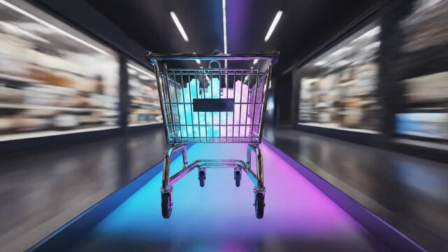 Shopping Cart Speeding Through Supermarket - A shopping cart full of generic products rushes down the aisle of a supermarket.