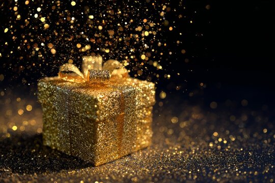 Elegant gold gift box with sparkling particles for christmas and new year celebrations 2026