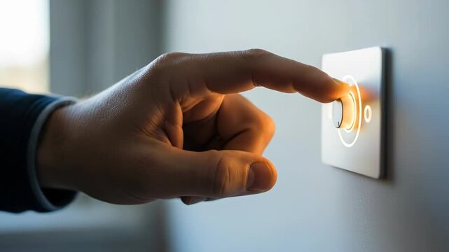 Male hand adjusts smart home light dimmer switch. Man turns off the modern wall control panel to manage illumination.