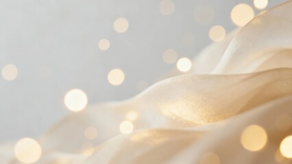 A soft, golden fabric draped elegantly with bokeh lights creating a dreamy and ethereal atmosphere.