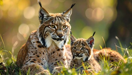 Two medium-sized felines, one adult and a cub, rest in bright sunlight amongst green grass. The mother and offspring are facing the camera