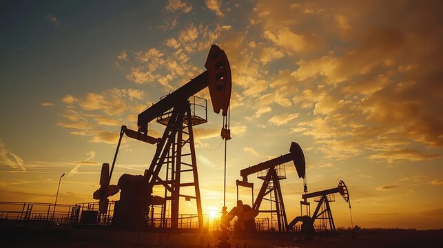 Silhouette of oil rigs at sunset with american flag representing u.soil industry concept