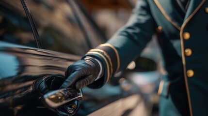 Driver in dark and gold uniform opening a luxury car door handle