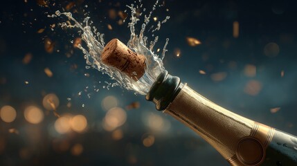 Champagne bottle popping a cork with an explosion of liquid and bubbles