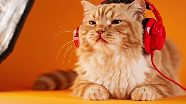 Cute Ginger Cat Listening to Music with Red Headphones on Orange Background Funny Pet Portrait Concept of Relaxation and Modern Lifestyle
