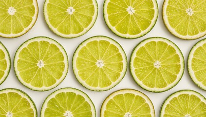 Fototapeta premium Citrus Slices on a White Backdrop, a Textured Pattern of Green and Yellow Segments.