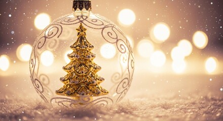 New Year banner featuring a decorative Christmas bauble with a golden tree inside and bokeh lights, copy space
