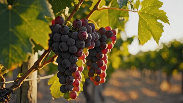 Ripe Grapes on the Vine in a Vineyard - This video shows close-up of bunches of ripe, dark-colored grapes hanging on the vine in a vineyard.