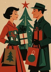 Fototapeta premium Retro holiday couple exchanging gifts.