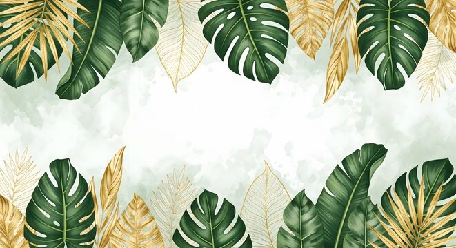 Elegant banner with gold and green tropical monstera leaves on a light background. Sophisticated jungle foliage frame for invitations, wellness promotions or luxury branding.