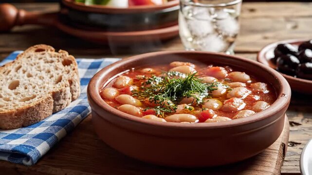 Bean Stew with Bread and Olives - A terracotta bowl filled with steaming white bean stew is garnished with dill and served with sliced bread on a blue checkered napkin.