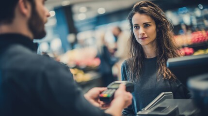 Woman using contactless payment terminal at a grocery store checkout