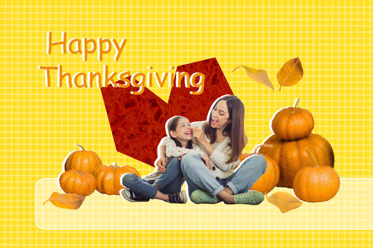 Composite art banner sketch 3d photo collage of two happy mother child girls hug together autumn season harvest time thank you - Powered by Adobe