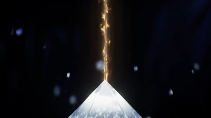 Clear crystal diamond floating above a transparent glass pyramid, reflecting light and creating an abstract geometric display on a dark background, representing balance and precision - Powered by Adobe