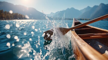 Paddle dipping into a mountain lake, creating a large splash on a sunny day