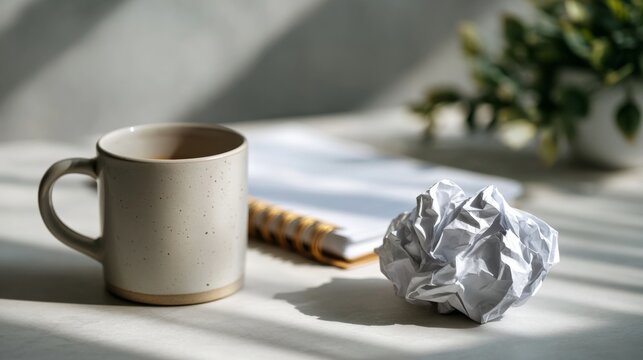 Bright sunlit desk with crumpled paper beside a coffee mug and notebook, evoking morning struggle with writer's block and determined brainstorming for new ideas