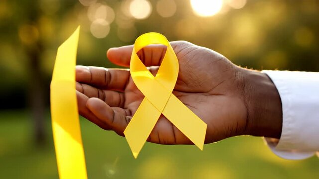 Golden Awareness Ribbon - A close-up shot of a person's hand holding a bright yellow ribbon. The ribbon is styled in a loop and curl, symbolizing support or awareness for a cause.