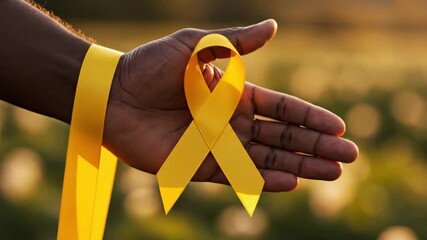 Yellow Ribbon Awareness Support - Close up video of a hand holding a yellow ribbon. The yellow ribbon is also looped around the wrist as a symbol of hope and awareness.