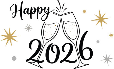 Happy New Year 2026 champagne glasses toast with stars