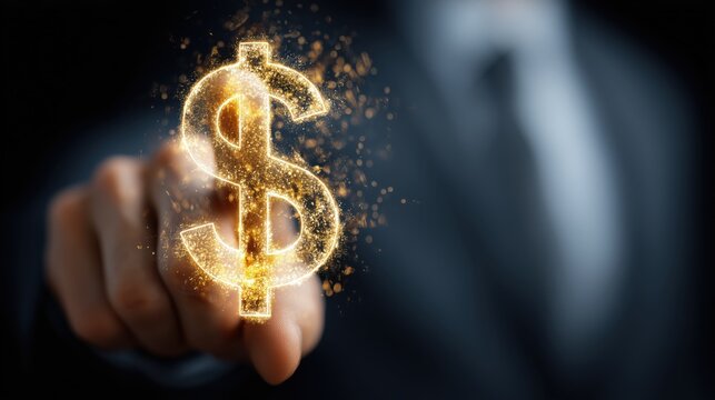 Hand in a suit reaching out to touch a shimmering golden dollar sign