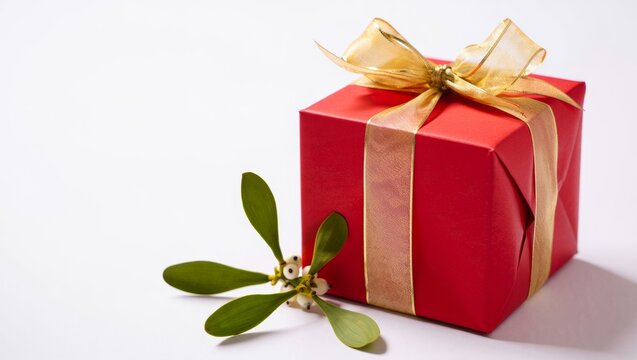 Red gift box wrapped with gold ribbon and bow. Resting next to green mistletoe with white berries. Symbolizing holiday celebration. Surprise - Powered by Adobe