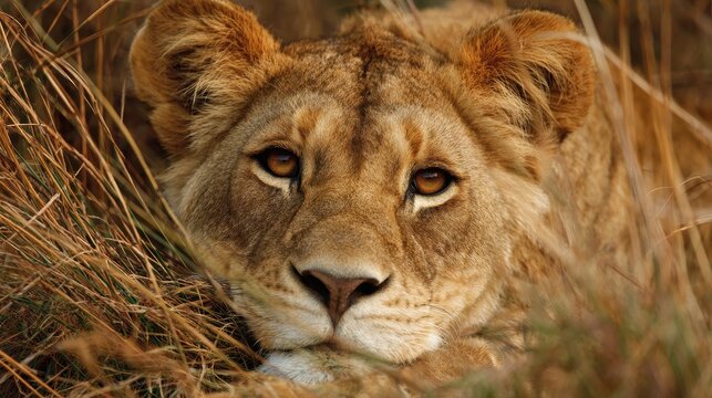 A lioness rested in tall grass
