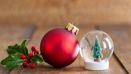 Charming christmas display of a red bauble, snow globe with a tiny fir tree and falling snow, and bright holly berries on rustic wooden backdrop for cozy holiday cards