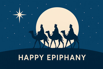 Minimalist silhouette design of the three wise men on camels under a large moon and the star of bethlehem with text happy epiphany day
