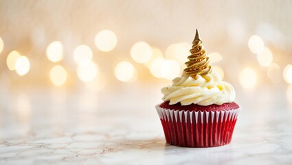 Festive red velvet cupcake celebrating holidays with white cream cheese frosting, a golden spiral christmas tree decoration, and sparkling bokeh lights on a marble background