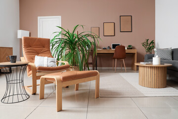 Interior of stylish living room armchair, cushions, houseplant and coffee table