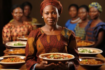 Authentic African Cuisine An African Woman Showcasing Traditional Dishes in a Communal Setting