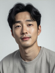 Realistic close-up portrait of a young East Asian man with short dark hair, light facial stubble, and a calm, confident expression.