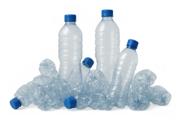 Plastic water bottles, both intact and crushed, forming a waste pile, promoting concepts of recycling and sustainability