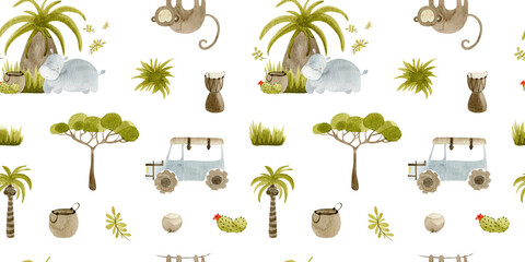 Fototapeta premium Seamless Watercolor Safari Pattern – Hand-Painted Jungle Animals, Exotic Wildlife, Tropical Nature, Hippopotamus & Monkey, Adventure Car, Palm Trees & Tribal Elements 