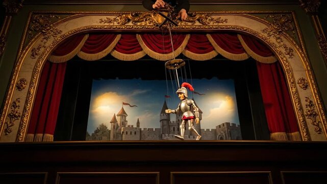 Puppet knight performs on vintage stage with medieval castle backdrop