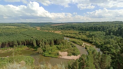 Picturesque River Valley Landscape with Lush Forest and Serene Waterscape, Beautiful Natural Scenery