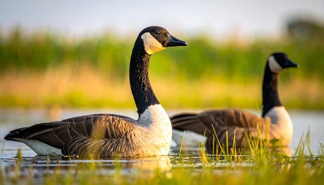 Two graceful waterfowl with black heads and necks are seen floating calmly in a reflective body of water, grasses and sunlight