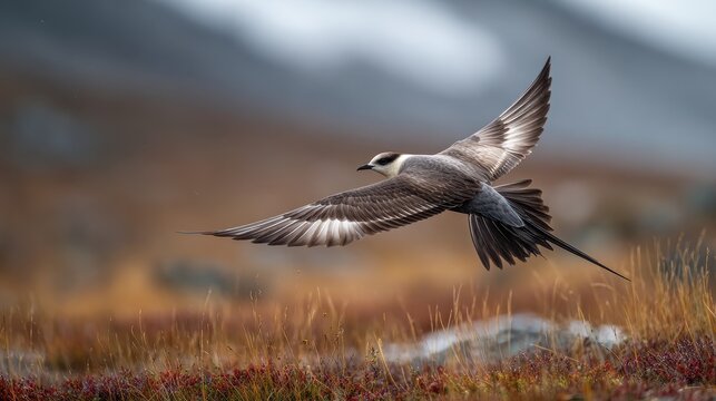 A long tailed jaeger soars above the tundra