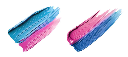 Blue pink smears of matte acrylic paint with brush marks. Texture with full coverage effect. Isolated element with clear even edge on transparent background