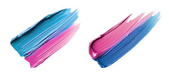 Blue pink smears of matte acrylic paint with brush marks. Texture with full coverage effect. Isolated element with clear even edge on transparent background