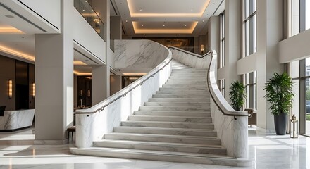 Elegant marble staircase ascending in modern hotel lobby space design