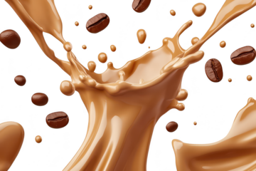 A dynamic splash of creamy chocolate milk with coffee beans artistically flying through the air. creating a and energetic scene perfect for food and beverage promotions