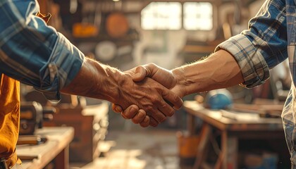 Two men, forearms and hands clasped in a firm handshake inside a workshop. Sunlight streams in, illuminating the tools and wood