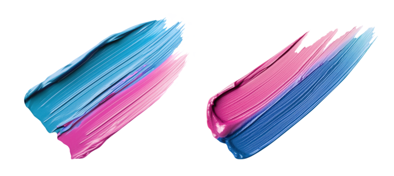 Blue pink smears of matte acrylic paint with brush marks. Texture with full coverage effect. Isolated element with clear even edge on transparent background