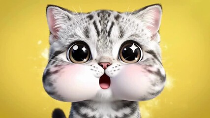 Funny Viral Internet Meme Clip of an Adorable Tabby Shorthair Kitten with Massive 'Kawaii' Eyes and Giant Cheeks Giving a Humorous, Exaggerated Shocked Expression on a Yellow Background
