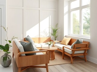 Fototapeta premium Modern Interior Living Room with Natural Light; Minimalist Decor Featuring Wooden Furniture, Cozy Sofa, and Indoor Plants; Inspiration for Contemporary Home Design Trends in Soft Warm Tones