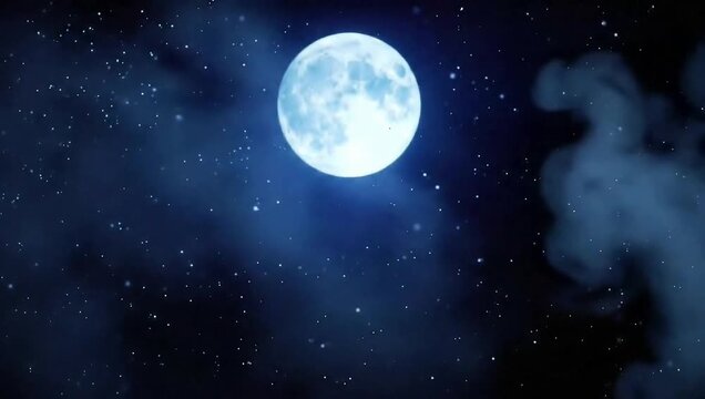Bright full moon glowing in a clear starry night sky, detailed texture and cosmic space atmosphere.