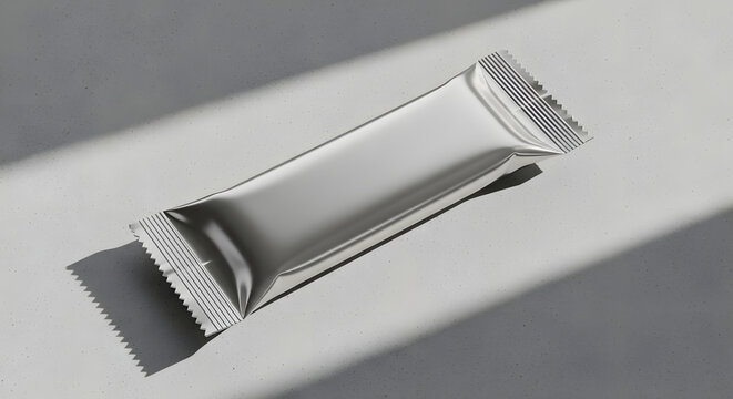 High Angle Studio Shot of Unbranded Food Bar Mockup for Presentation Product Placement Isolated on Clean Light Gray Surface in Harsh Lighting with Sharp Shadows as Template 200x200